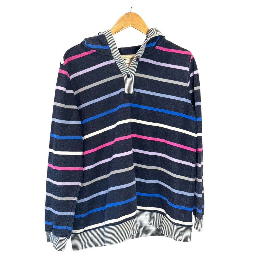 Lands End Serious Sweats Hoodie Womens L 14-16 Navy Blue Striped‎ Pullover